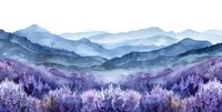 Dreamy mountain landscape with lavender fields in foreground and misty blue peaks in distance, watercolor style illustration perfect for wall art, home decor, and design projects.
