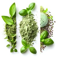 Fresh basil leaves frame green matcha powder and scattered cacao nibs on white background, creative food composition for healthy superfood concept.