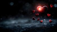 Glowing red hearts floating in dark mystical space with bokeh lights and magical sparkles create romantic atmospheric scene for Valentine's Day designs.