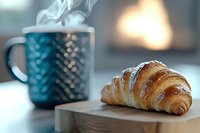 Fresh baked croissant on wooden board with steaming hot coffee in blue knitted cozy mug against blurred warm background creates cozy morning atmosphere.