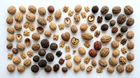Assorted nuts collection including walnuts, almonds, hazelnuts, pecans and Brazil nuts arranged on white background. Healthy snacking and cooking ingredients.