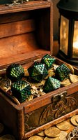 Ornate wooden treasure chest filled with iridescent green and black polyhedral dice, gold coins, and decorative elements. Perfect for tabletop gaming, fantasy campaigns, and dungeon master collections.