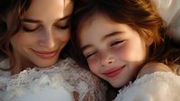 Young Caucasian mother and daughter sharing tender moment together in warm sunlight, family bonding time with gentle smiles and close embrace at home.
