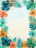 Watercolor tropical floral frame with hibiscus blooms, monstera and palm leaves in teal, coral and gold tones on light background.