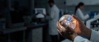 Scientist holding glowing brain hologram in laboratory setting, representing neuroscience research, artificial intelligence, and medical innovation in modern healthcare technology.