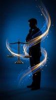 Professional male lawyer silhouette holding scales of justice with glowing light trails and sparkles on blue background for legal services design.