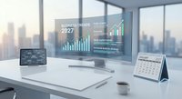 Modern office workspace with computer displaying business trends analytics dashboard and financial charts for corporate presentations.