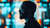 Silhouette profile of bearded African American man wearing glasses against vibrant blue and orange bokeh city lights background, creating moody urban atmosphere.