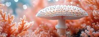 Magical white spotted mushroom in coral pink forest with bokeh lights and dreamy atmosphere, nature macro photography for fairy tale designs and fantasy art.