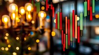 Financial market candlestick chart with blurred golden bokeh lights showing stock trading data analysis, business growth and investment concept.