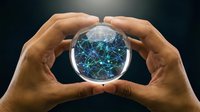 Hands protecting glowing digital network sphere with connected nodes and data visualization for technology and cybersecurity concepts.