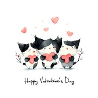 Adorable watercolor cows holding pink hearts with romantic message for Valentine's Day celebration and love themed greeting cards.