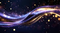 Magical glowing wave with sparkling gold and purple light trails against dark background, cosmic energy flow with bokeh particles and stardust effect.