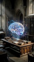 Glowing neon brain hologram floating above wooden desk in gothic library with stone arches, bookshelves, and ancient manuscripts for education and innovation concepts.