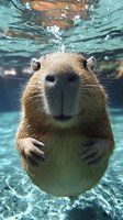 Adorable capybara swimming underwater with visible nose and paws, bubbles rising above in turquoise water. Close-up portrait shows wet fur and curious expression.