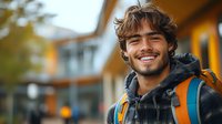 Young Hispanic man with bright smile wearing black hoodie and backpack outdoors. Natural lifestyle portrait against blurred modern architecture background.