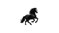 Black stallion horse silhouette in dynamic galloping pose with flowing mane and tail isolated on white background for logo design and branding projects.