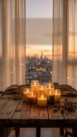 Cozy candles glowing on wooden table by window with city skyline at sunset creating warm atmospheric home decor ambiance for relaxation and comfort.
