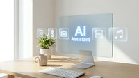 Modern computer monitor displaying AI Assistant interface with floating digital icons on clean wooden desk workspace for smart technology applications.