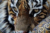 Fierce tiger eyes in extreme close-up macro shot with ornate golden baroque pattern overlay, creating dramatic artistic wildlife portrait for luxury design projects.