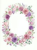 Watercolor floral wreath with pink and purple roses, hearts, eucalyptus leaves on white background. Wedding invitation frame, romantic border design.