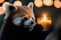 Adorable red panda holding glowing candle with warm bokeh lights creating magical atmosphere for holiday greeting cards and seasonal decorations.