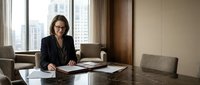 Professional businesswoman in suit working with documents at modern office conference table with city view background.