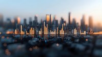 Glowing financial chart bars rise against blurred urban cityscape background with bokeh lights at sunset, representing market analysis and business growth.