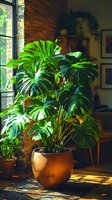 Large monstera deliciosa houseplant in terracotta pot by sunny window in cozy living room with exposed brick wall and natural light for home decor.