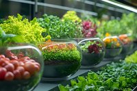 Fresh organic vegetables and leafy greens displayed in modern glass bowls at grocery store produce section for healthy eating and nutrition concepts.
