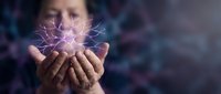 Professional businesswoman holding glowing neural network connections in cupped hands representing artificial intelligence and digital innovation concepts.
