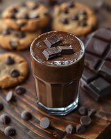 Creamy chocolate milkshake garnished with dark chocolate pieces, served with chocolate chip cookies on rustic wooden surface. Sweet dessert drink composition.