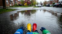 Colorful rain boots standing in street puddle after storm in residential neighborhood. Family footwear for wet weather protection and outdoor activities.