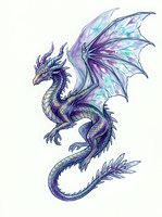 Mythical dragon with iridescent purple and turquoise wings, isolated on white background. Suitable for fantasy designs, apparel, and creative projects.