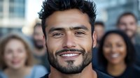 Young Hispanic businessman with confident smile and beard in professional setting, surrounded by diverse coworkers. Corporate teamwork and leadership concept.