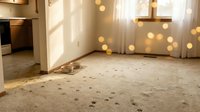 Empty room with beige carpet, white walls, and warm golden bokeh lights in background, suitable for interior design, real estate, and commercial space concepts.