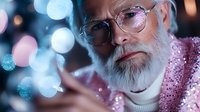 Senior Caucasian man with white beard and glasses in pink sweater looking at mobile phone screen against blurred bokeh lights background during winter season.
