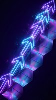 Neon glowing arrows ascending futuristic stairs on dark background, symbolizing growth, progress, and success in business or technology concepts.