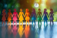 Colorful paper cutout silhouettes of women holding hands in unity chain against blurred nature background with sun flare, showing diversity and sisterhood concept.