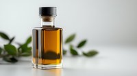 Glass bottle with golden amber liquid on white background with green leaves, minimalist composition for cosmetics, perfume or essential oil packaging design.