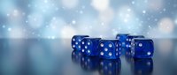 Three blue translucent dice with white dots arranged on reflective surface with bokeh lights and soft focus background, suitable for gaming, gambling, chance and luck concepts.