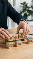 Professional arranging wooden blocks with wellness and health coaching concepts on office desk for business strategy planning.
