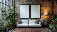 Modern loft interior with exposed brick wall, white sofa, blank frames, potted plants and large windows creating cozy urban living space with natural light.