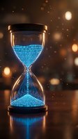 Digital hourglass with glowing blue binary code data flowing through glass chambers on wooden surface with warm bokeh lights background for tech concepts.