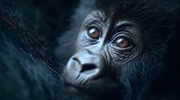 Close up portrait of baby mountain gorilla with expressive brown eyes and gentle expression against dark background, showing innocence and vulnerability of endangered species.