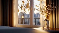 White cherry blossom branches in glass vase on windowsill at sunset, warm golden light streaming through window, cozy home atmosphere with curtains.