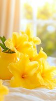 Vibrant yellow gladiolus flowers in orange vase against soft window light, creating romantic morning atmosphere on white fabric. Suitable for wellness designs.
