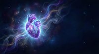 Glowing anatomical heart with energy waves in cosmic space background with stars and nebula for medical and science concepts.