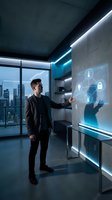 Young businessman interacting with futuristic holographic interface in modern office with city skyline view for technology and innovation concepts.