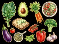 Healthy fresh vegetables and salad ingredients isolated on transparent background, ready for t-shirt design, clipart, stickers, print-on-demand products and sublimation projects.